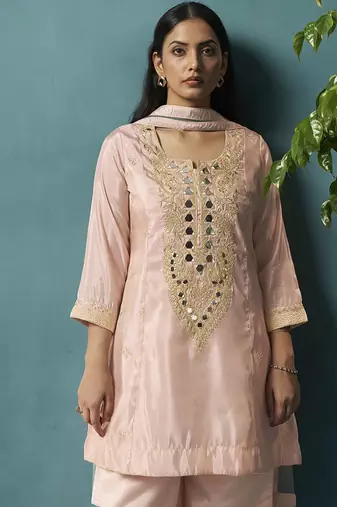 Light pink embroidered silk blend straight & palazzo