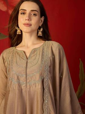 Beige vichitra silk embroidered anarkali kurta set. 4