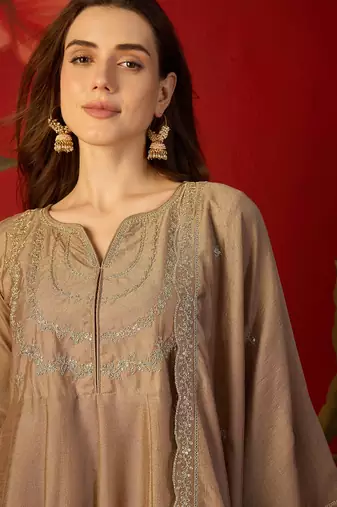 Beige vichitra silk embroidered anarkali kurta set.