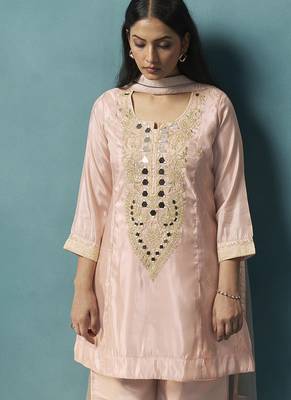 Light pink embroidered silk blend straight & palazzo 5