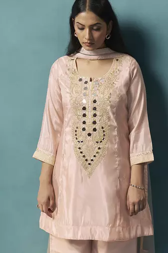 Light pink embroidered silk blend straight & palazzo