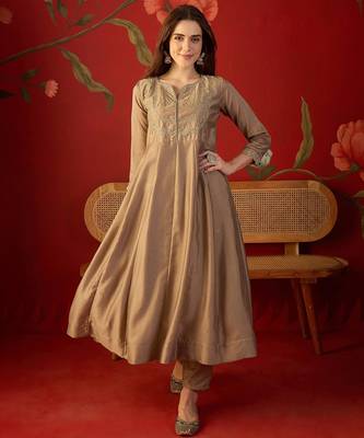 Beige vichitra silk embroidered anarkali kurta set. 5