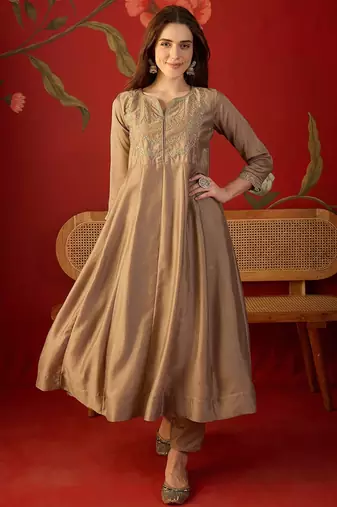 Beige vichitra silk embroidered anarkali kurta set.