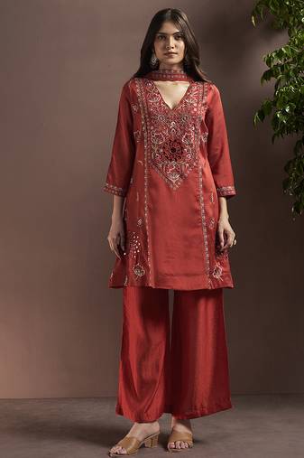 Rust embroidered with mirror work silk blend straight & palazzo