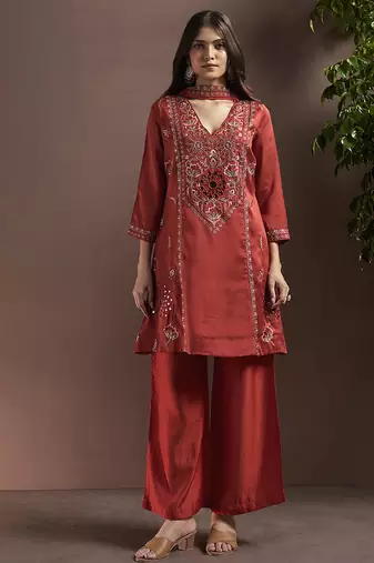 Rust embroidered with mirror work silk blend straight & palazzo