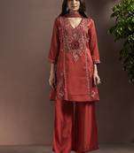 Rust embroidered with mirror work silk blend straight & palazzo