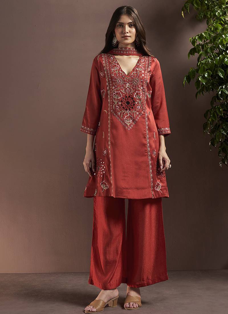 Rust embroidered with mirror work silk blend straight & palazzo