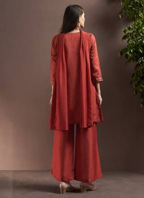 Rust embroidered with mirror work silk blend straight & palazzo 2