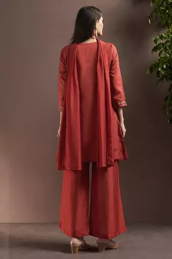 Rust embroidered with mirror work silk blend straight & palazzo