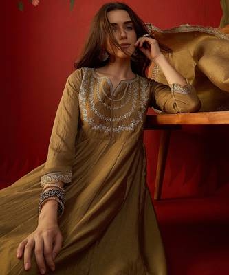 Beige vichitra silk embroidered anarkali kurta set 2