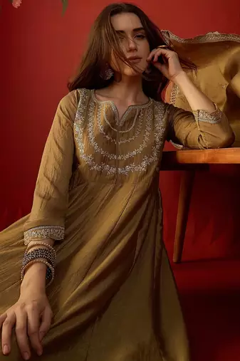 Beige vichitra silk embroidered anarkali kurta set