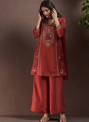Rust embroidered with mirror work silk blend straight & palazzo 3