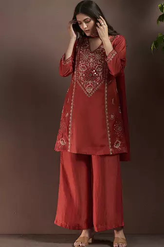 Rust embroidered with mirror work silk blend straight & palazzo