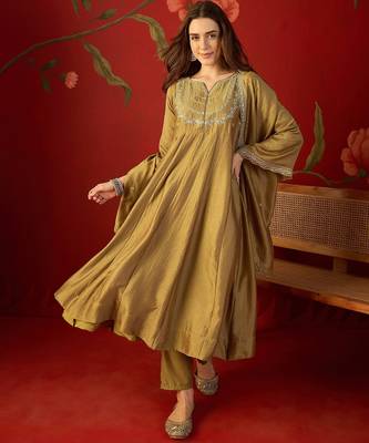 Beige vichitra silk embroidered anarkali kurta set 1