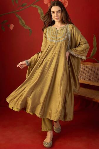 Beige vichitra silk embroidered anarkali kurta set