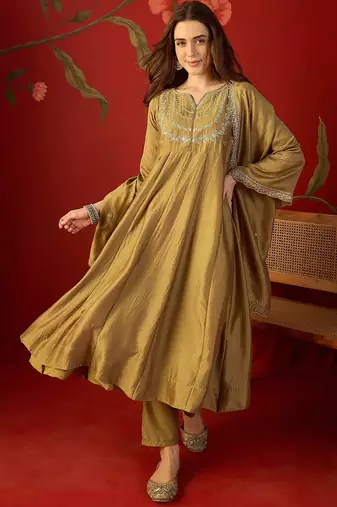 Beige vichitra silk embroidered anarkali kurta set