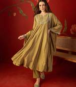 Beige vichitra silk embroidered anarkali kurta set
