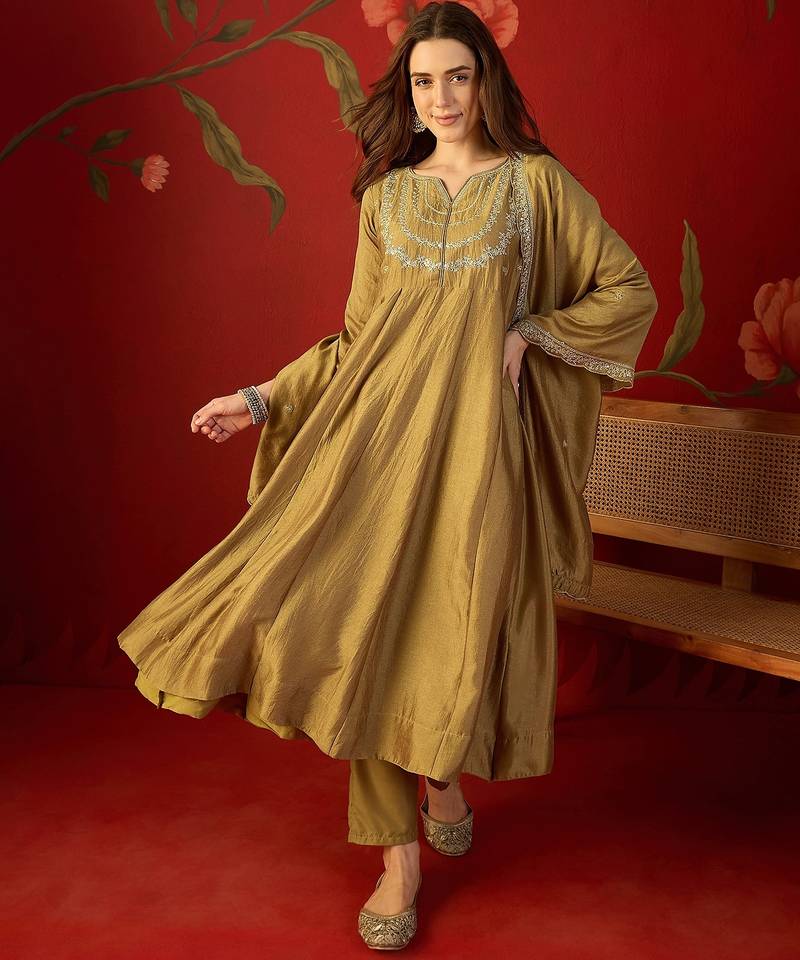 Beige vichitra silk embroidered anarkali kurta set