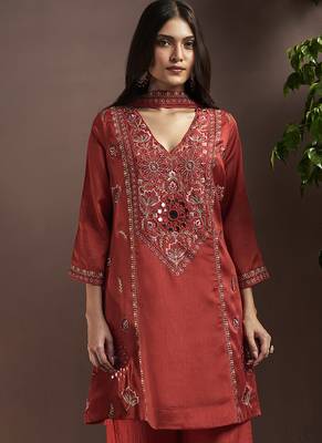 Rust embroidered with mirror work silk blend straight & palazzo 4