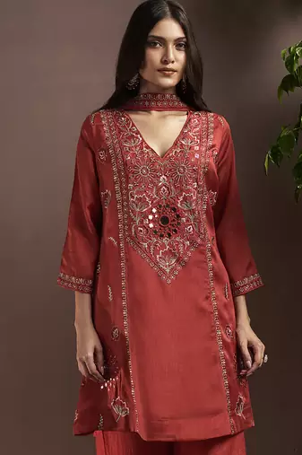 Rust embroidered with mirror work silk blend straight & palazzo