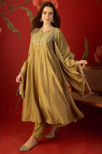 Beige vichitra silk embroidered anarkali kurta set