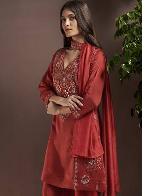 Rust embroidered with mirror work silk blend straight & palazzo 5