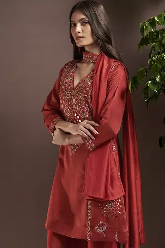 Rust embroidered with mirror work silk blend straight & palazzo