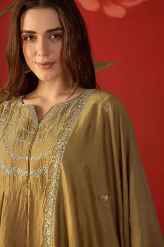 Beige vichitra silk embroidered anarkali kurta set