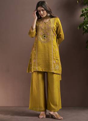 Mustard embroidered with mirror work silk blend straight & palazzo 1