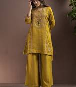 Mustard embroidered with mirror work silk blend straight & palazzo