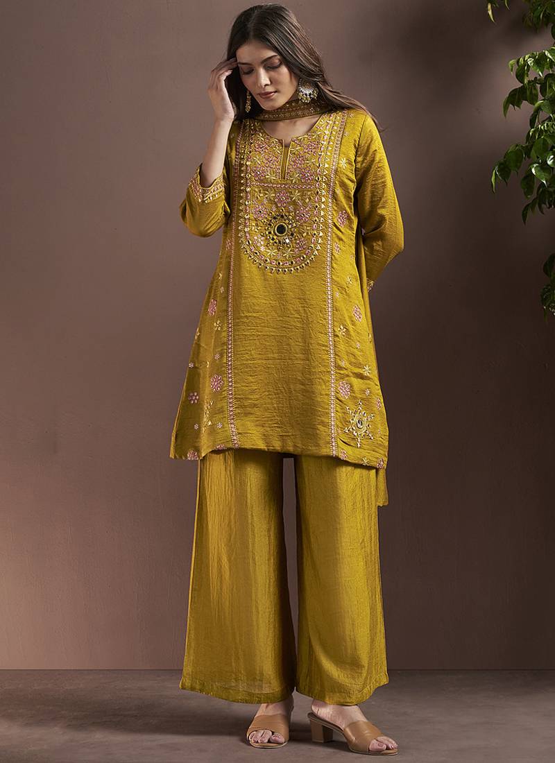 Mustard embroidered with mirror work silk blend straight & palazzo