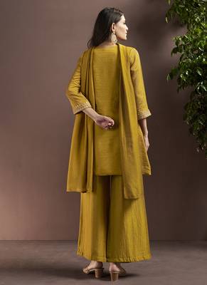 Mustard embroidered with mirror work silk blend straight & palazzo 2