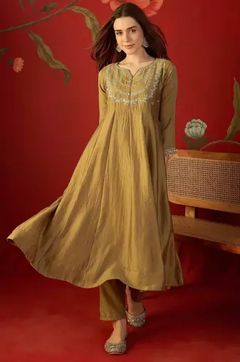 Beige vichitra silk embroidered anarkali kurta set
