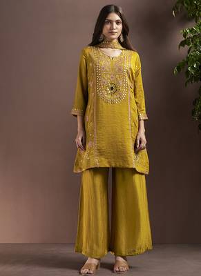 Mustard embroidered with mirror work silk blend straight & palazzo 3