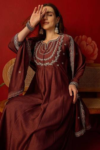 Maroon vichitra silk embroidered anarkali kurta set