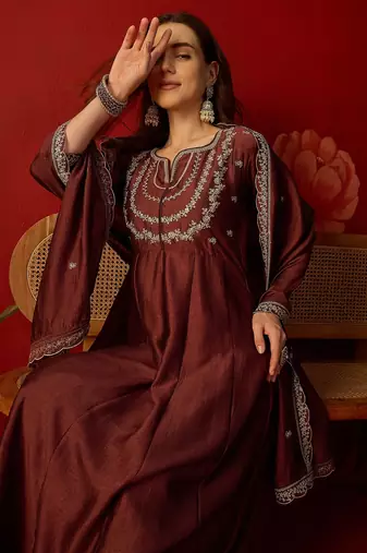 Maroon vichitra silk embroidered anarkali kurta set