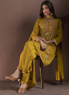 Mustard embroidered with mirror work silk blend straight & palazzo 4
