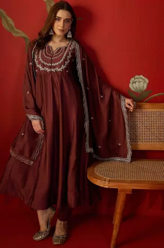 Maroon vichitra silk embroidered anarkali kurta set