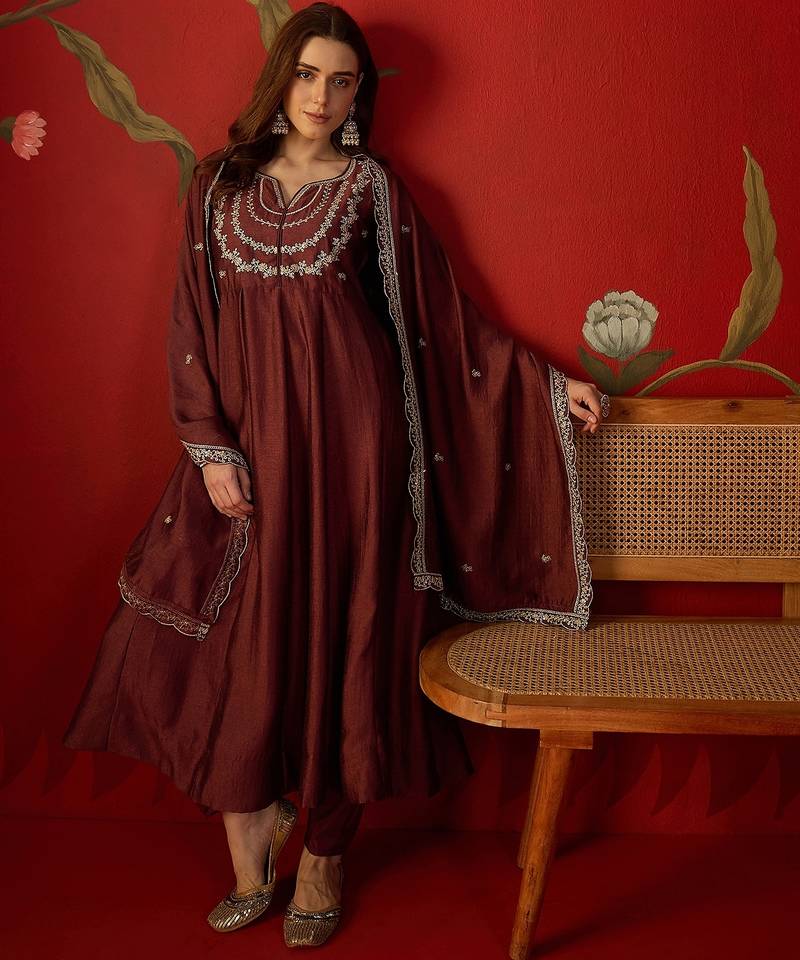 Maroon vichitra silk embroidered anarkali kurta set