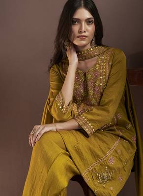 Mustard embroidered with mirror work silk blend straight & palazzo 5