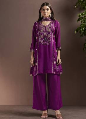 Purple embroidered with mirror work silk blend straight & palazzo 1