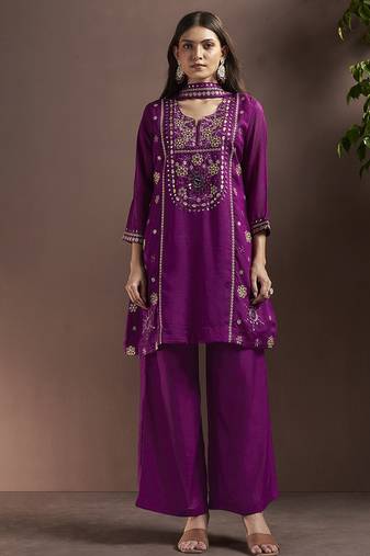 Purple embroidered with mirror work silk blend straight & palazzo