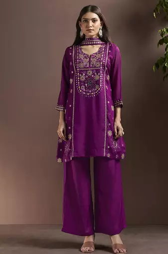 Purple embroidered with mirror work silk blend straight & palazzo