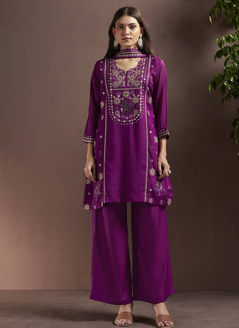 Purple embroidered with mirror work silk blend straight & palazzo