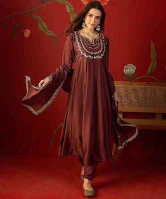 Maroon vichitra silk embroidered anarkali kurta set 3