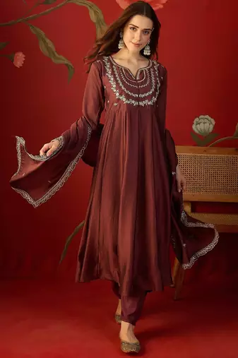 Maroon vichitra silk embroidered anarkali kurta set