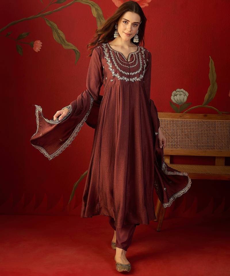 Maroon vichitra silk embroidered anarkali kurta set