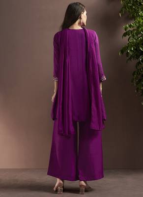 Purple embroidered with mirror work silk blend straight & palazzo 2