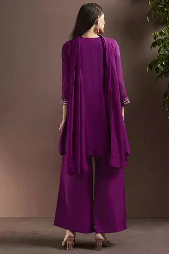 Purple embroidered with mirror work silk blend straight & palazzo
