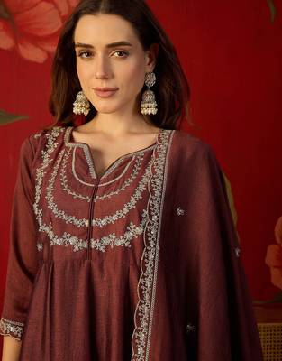 Maroon vichitra silk embroidered anarkali kurta set 4